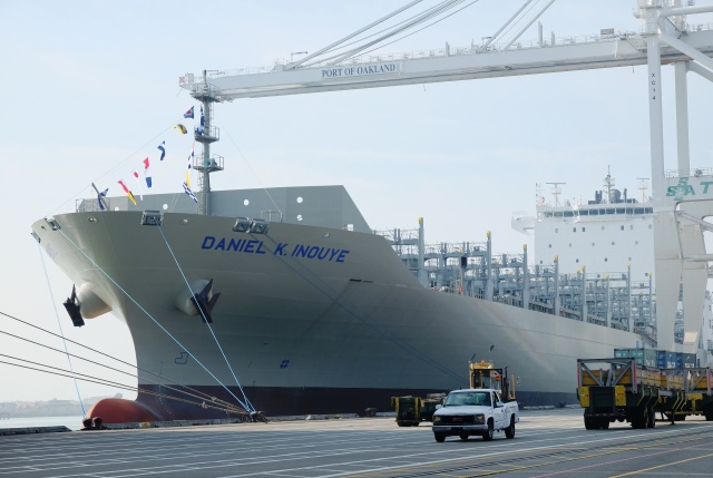 Daniel K. Inouye docked at Port of Oakland awaiting containers.