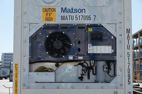 Close look at Matson reefer's control panel for temperature reading and setting