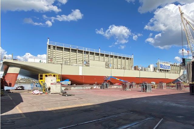 New barge Haleakala at shipyard on the Willamette River