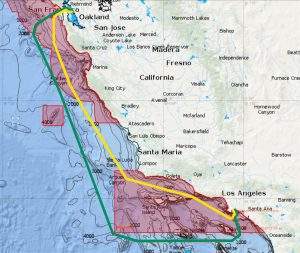 Pacific coast map from San Francisco to Los Angeles showing the vessel speed reduction zones, Matson's previous route along the coast, and Matson's adjusted route around the speed reduction zones.